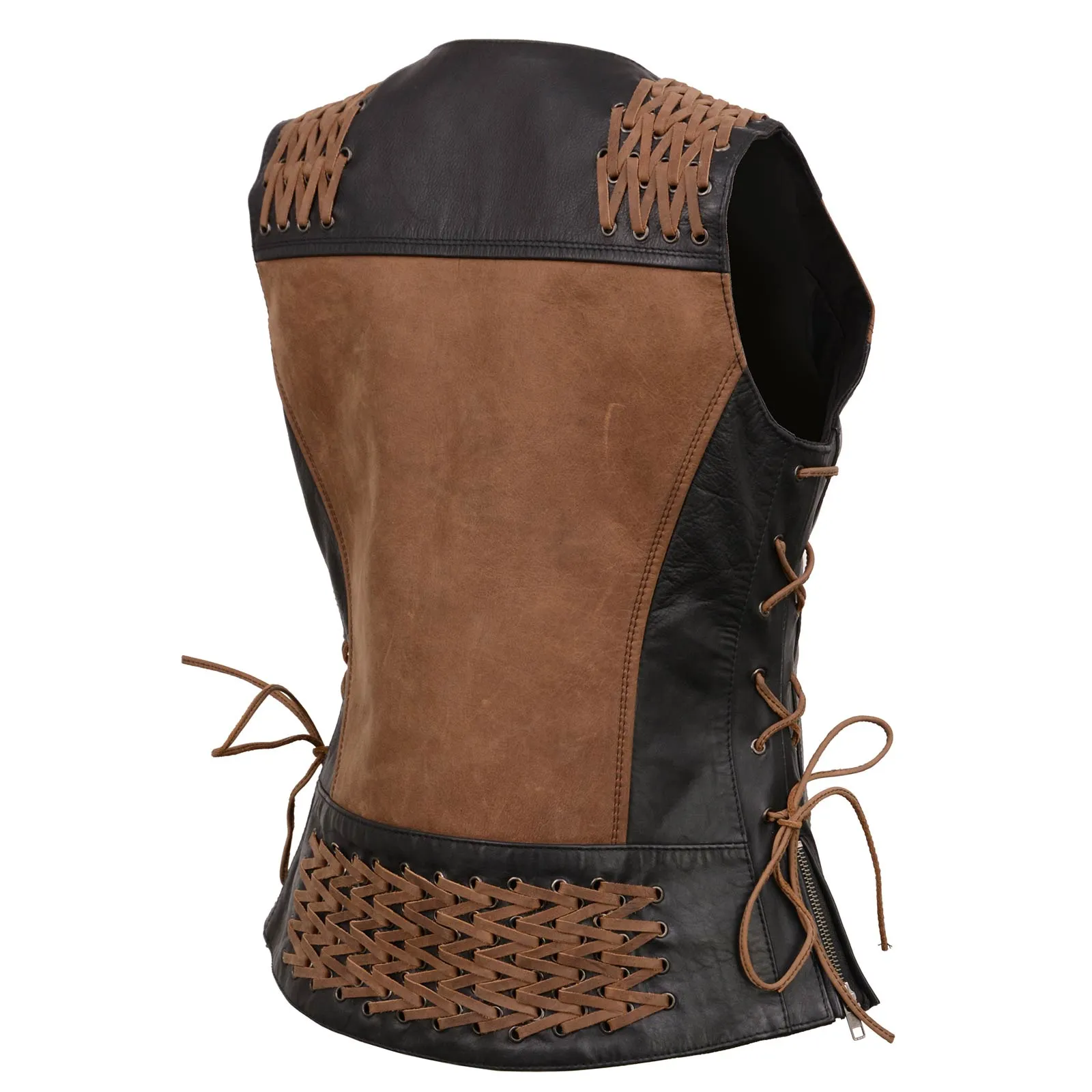 MLL4509 Women's 'Smoocher' Vintage Two Tone Crazy Horse Brown and Black Leather Club Style Motorcycle Vest
