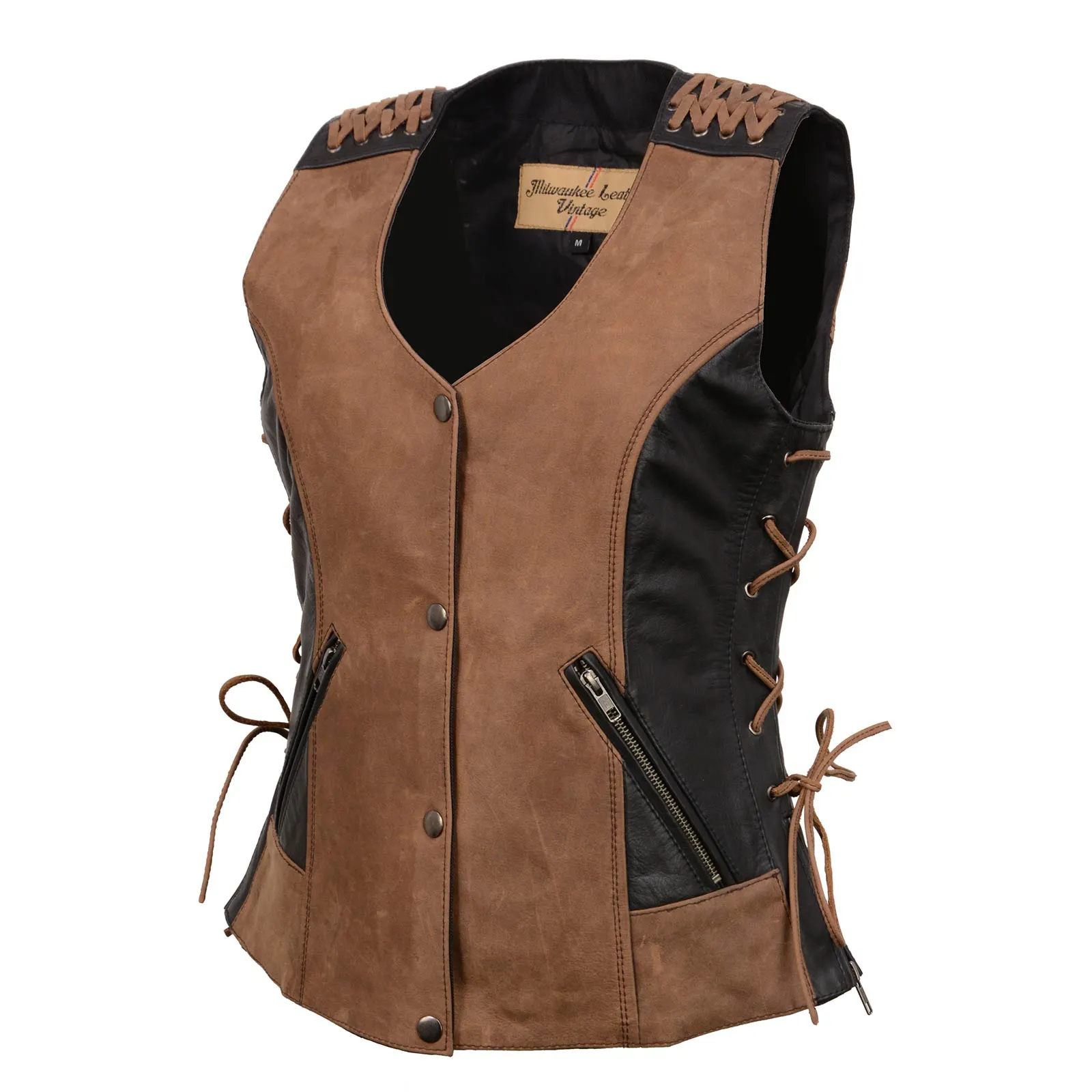 MLL4509 Women's 'Smoocher' Vintage Two Tone Crazy Horse Brown and Black Leather Club Style Motorcycle Vest