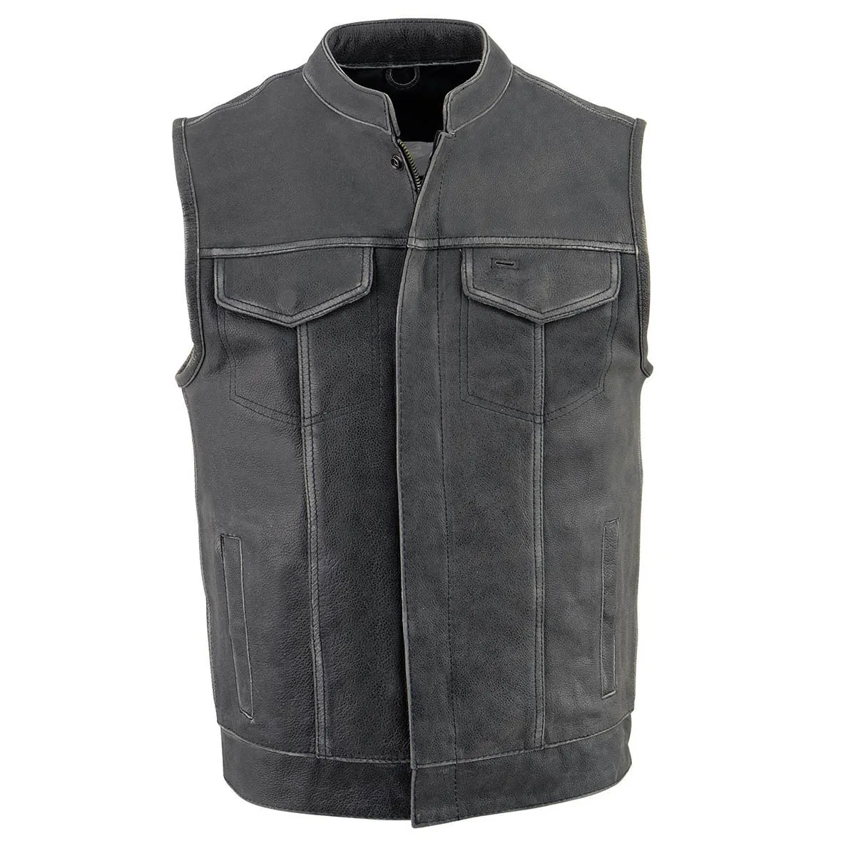 MLM3513 Men's Naked Leather Club Style Vest- Concealed Snaps Zipper Closure Motorcycle Rider Vest