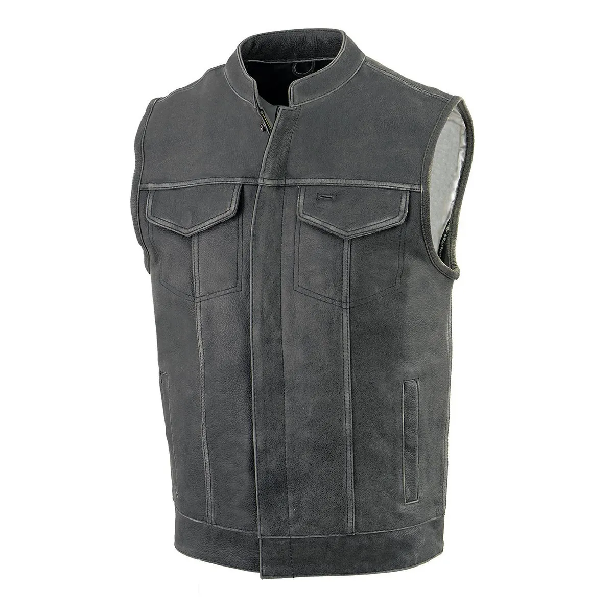 MLM3513 Men's Naked Leather Club Style Vest- Concealed Snaps Zipper Closure Motorcycle Rider Vest