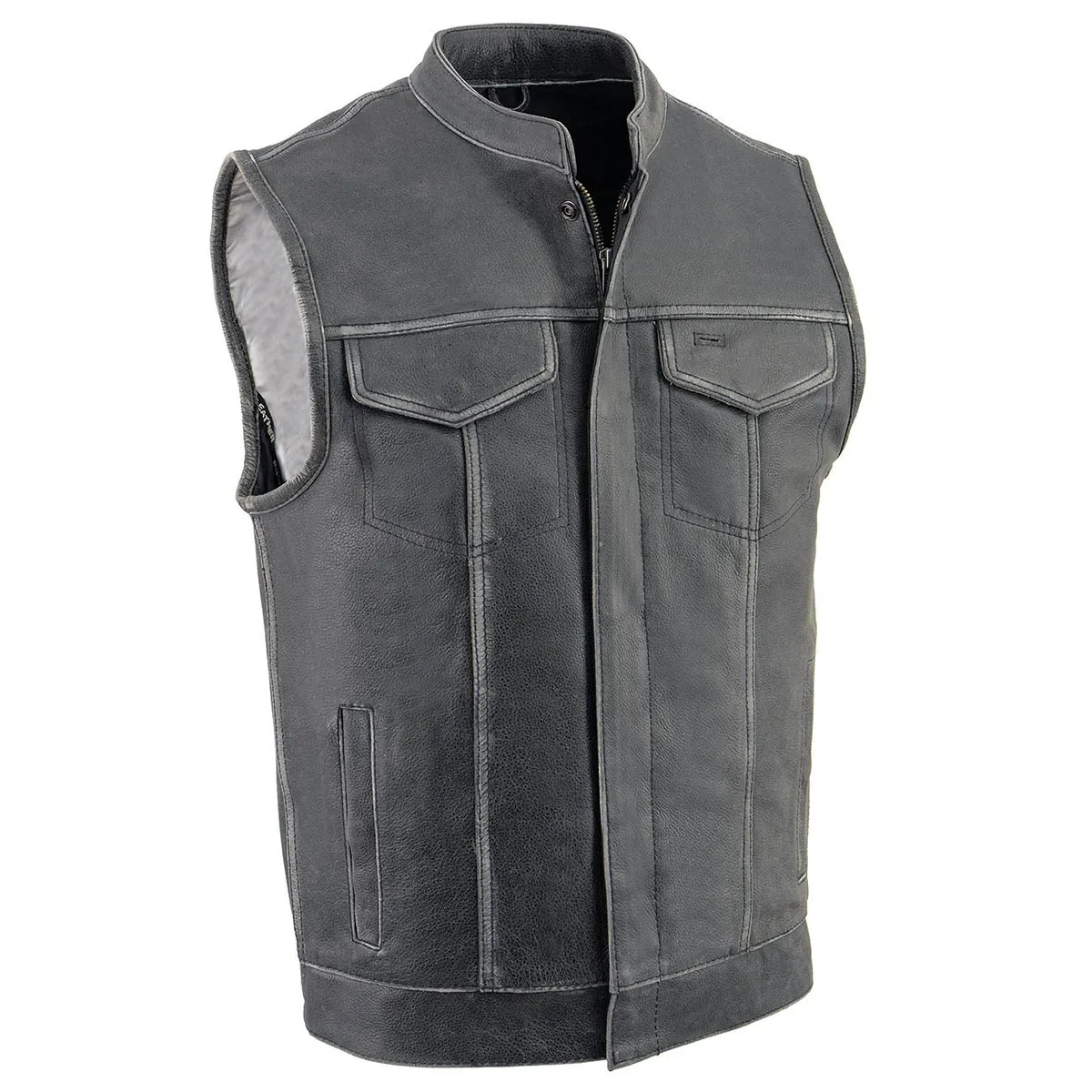 MLM3513 Men's Naked Leather Club Style Vest- Concealed Snaps Zipper Closure Motorcycle Rider Vest