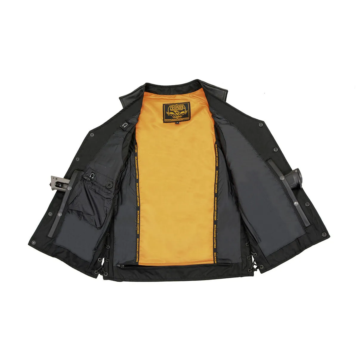 MLM3520 Men's Black Leather Vest - Classic V-Neck Straight Bottom Side Lace Motorcycle Rider Vest