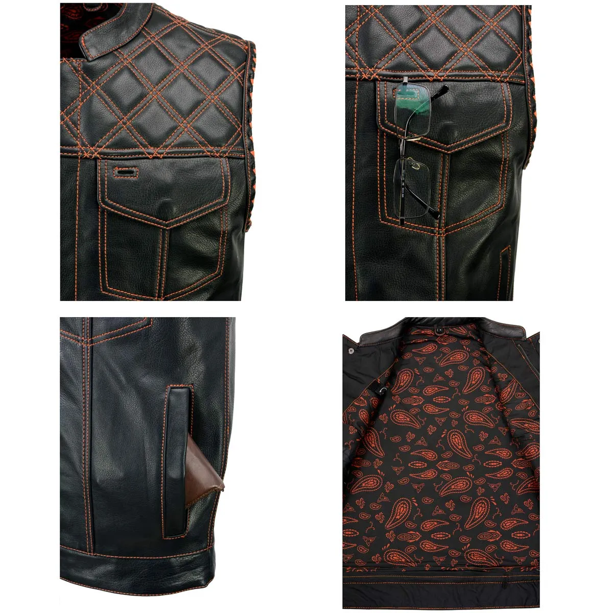 MLM3527 Men's Black 'Paisley' Accented w/ Red Stitching Leather Vest – / Armhole Trim