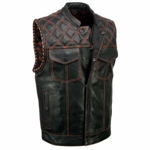MLM3527 Men's Black 'Paisley' Accented w/ Red Stitching Leather Vest – / Armhole Trim
