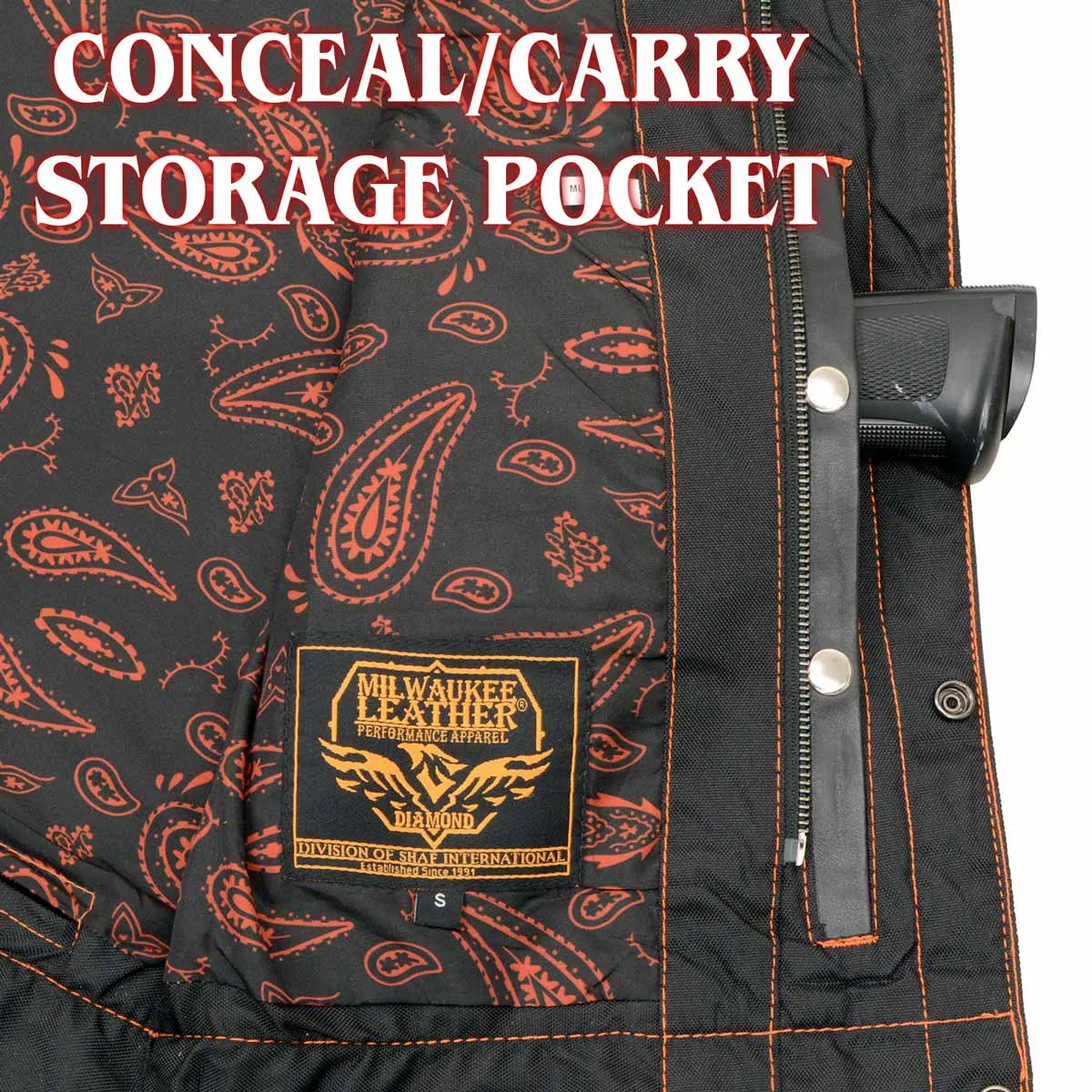 MLM3527 Men's Black 'Paisley' Accented w/ Red Stitching Leather Vest – / Armhole Trim