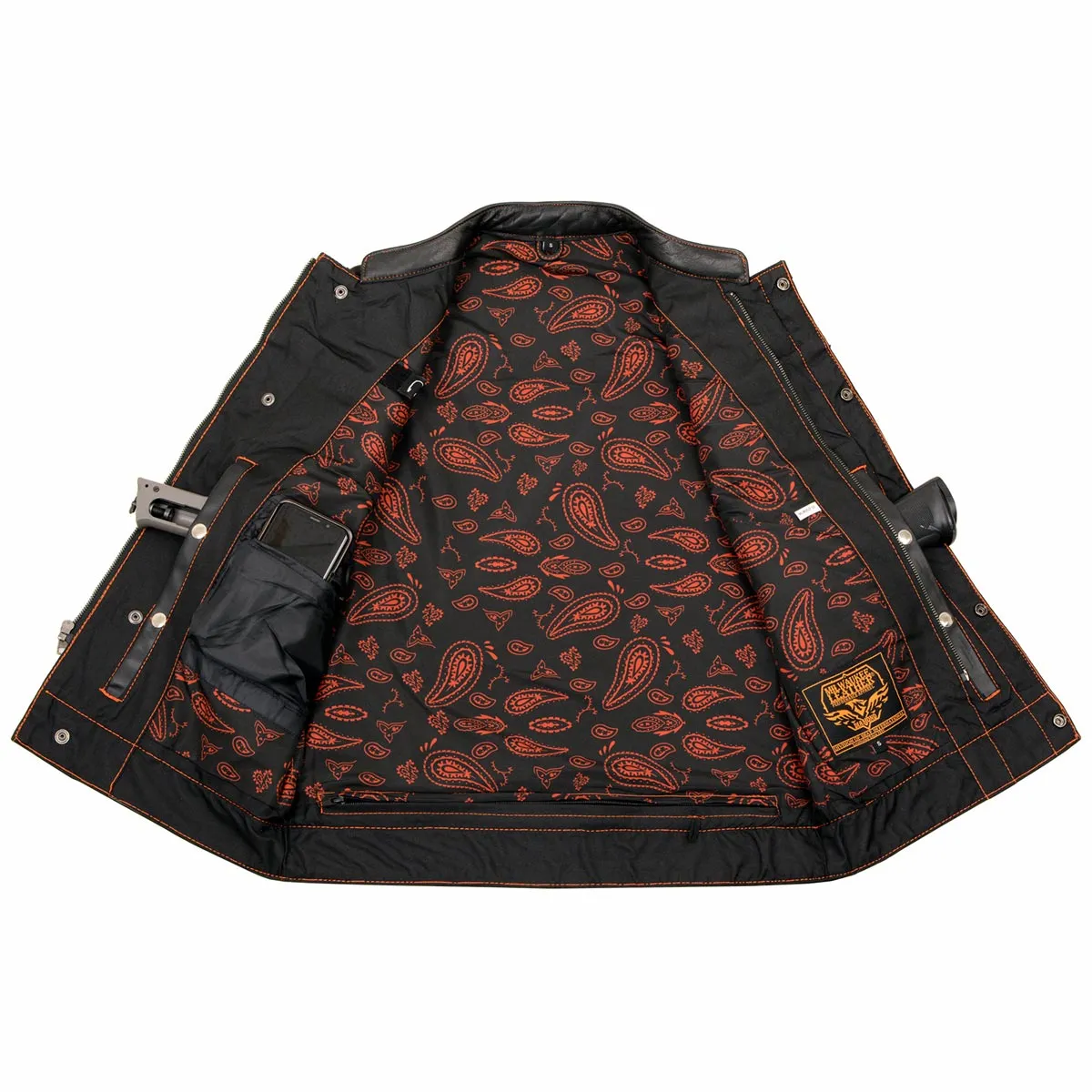 MLM3527 Men's Black 'Paisley' Accented w/ Red Stitching Leather Vest – / Armhole Trim