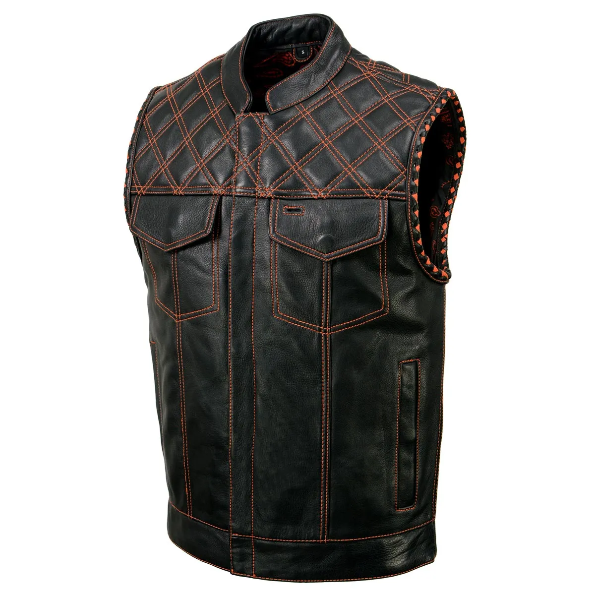 MLM3527 Men's Black 'Paisley' Accented w/ Red Stitching Leather Vest – / Armhole Trim