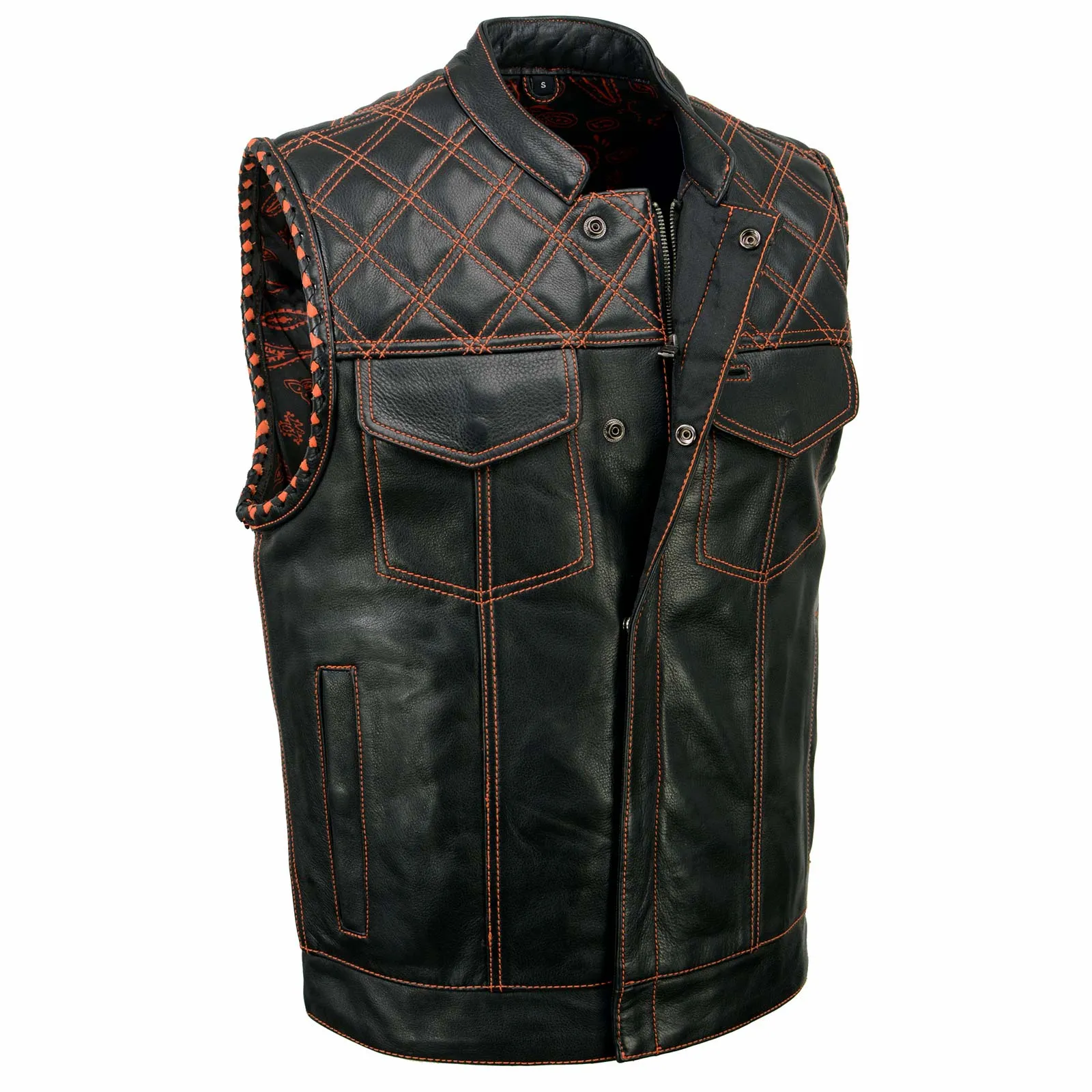 MLM3527 Men's Black 'Paisley' Accented w/ Red Stitching Leather Vest – / Armhole Trim