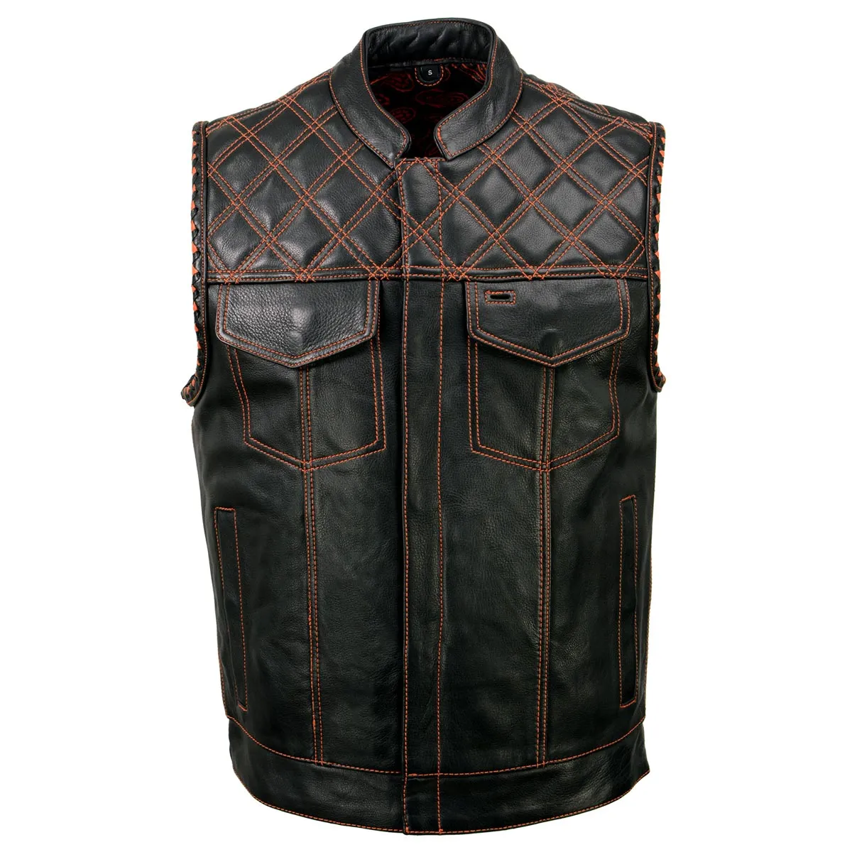 MLM3527 Men's Black 'Paisley' Accented w/ Red Stitching Leather Vest – / Armhole Trim