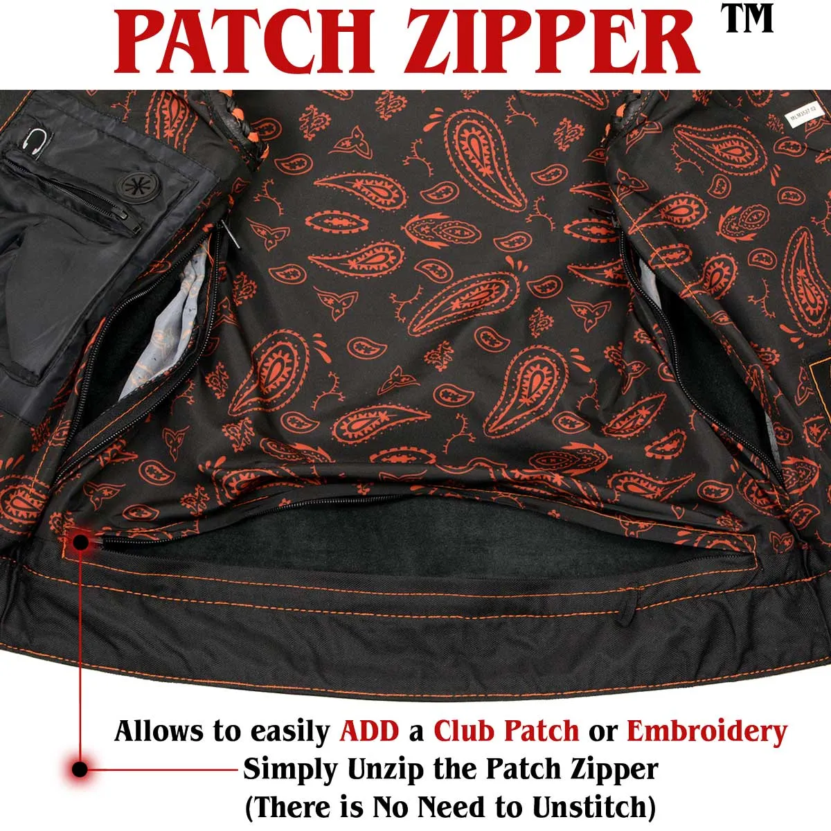 MLM3527 Men's Black 'Paisley' Accented w/ Red Stitching Leather Vest – / Armhole Trim