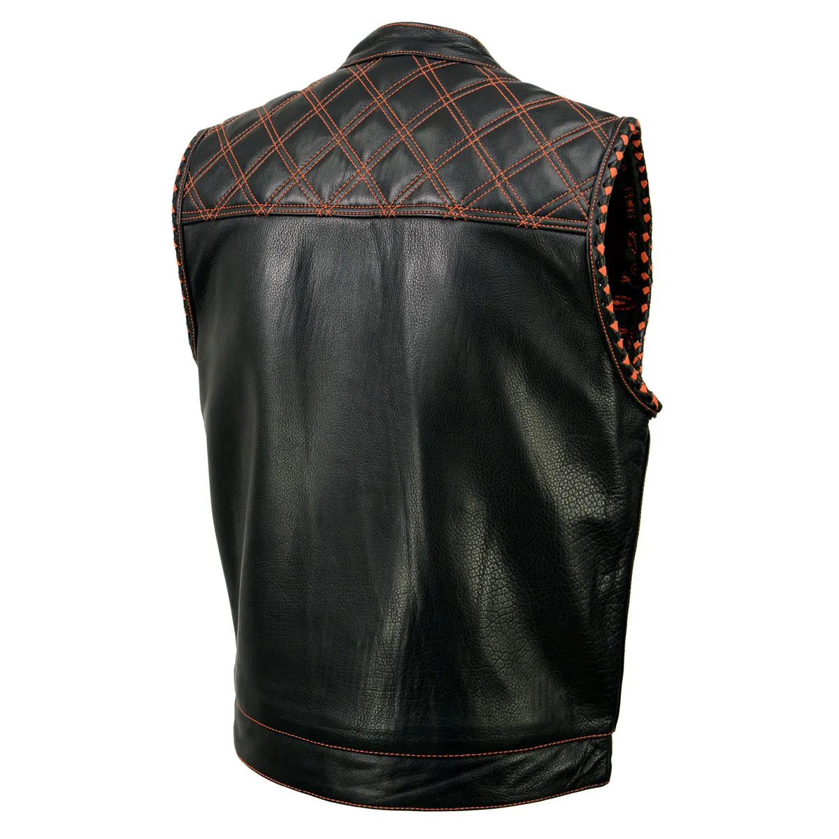 MLM3527 Men's Black 'Paisley' Accented w/ Red Stitching Leather Vest – / Armhole Trim