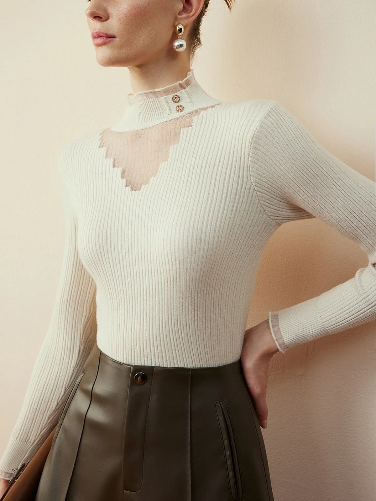 Mock Neck Sheer-Detail Slim Blouse