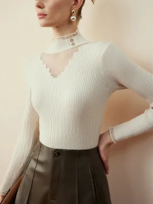Mock Neck Sheer-Detail Slim Blouse