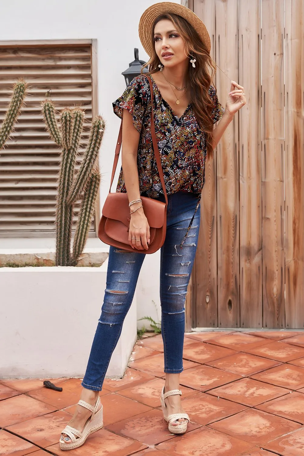Multicolor Fashion Print Fantasy Fluttering V-neck Short Sleeve Blouse