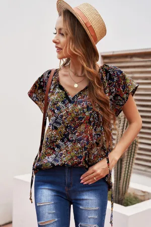 Multicolor Fashion Print Fantasy Fluttering V-neck Short Sleeve Blouse
