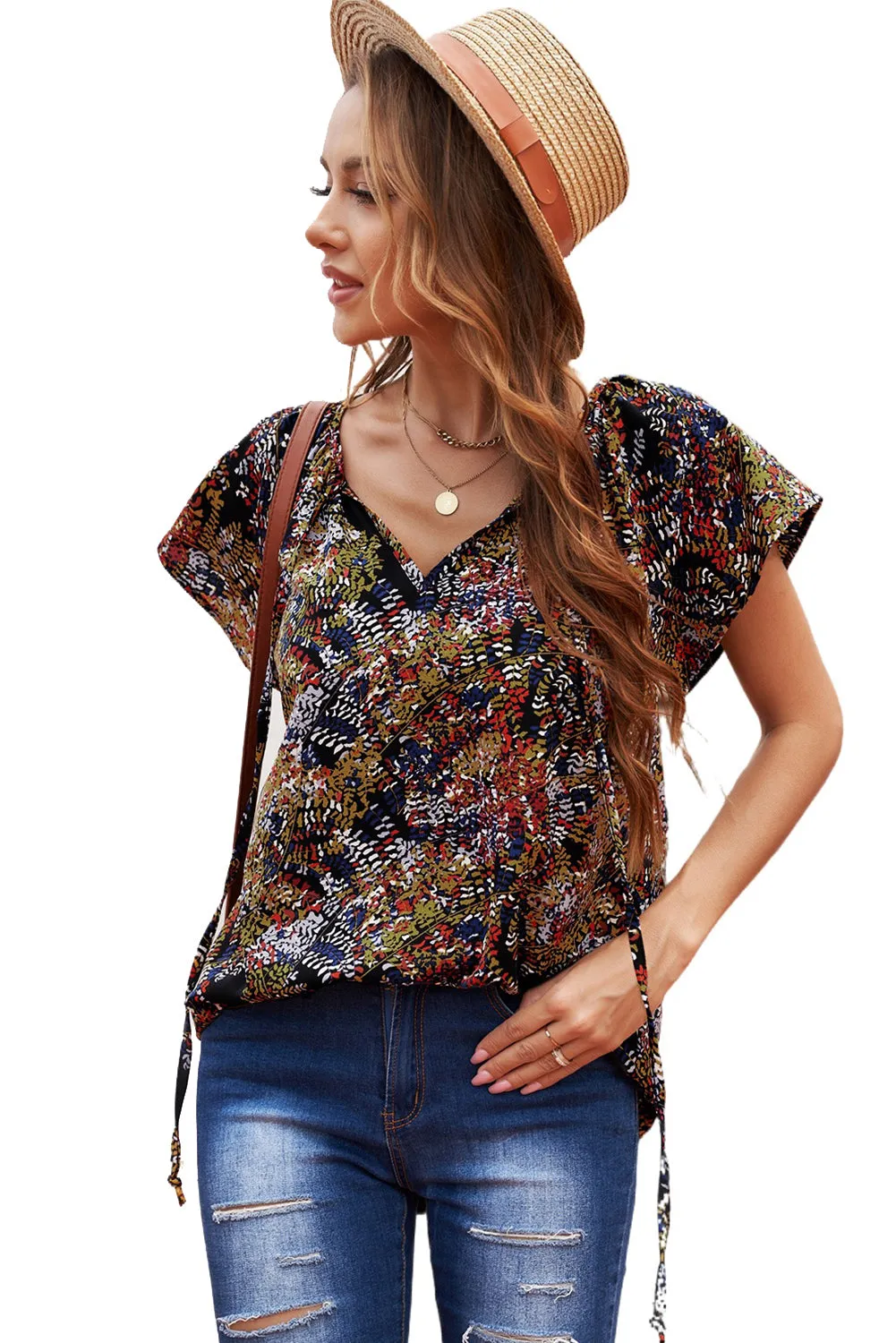 Multicolor Fashion Print Fantasy Fluttering V-neck Short Sleeve Blouse