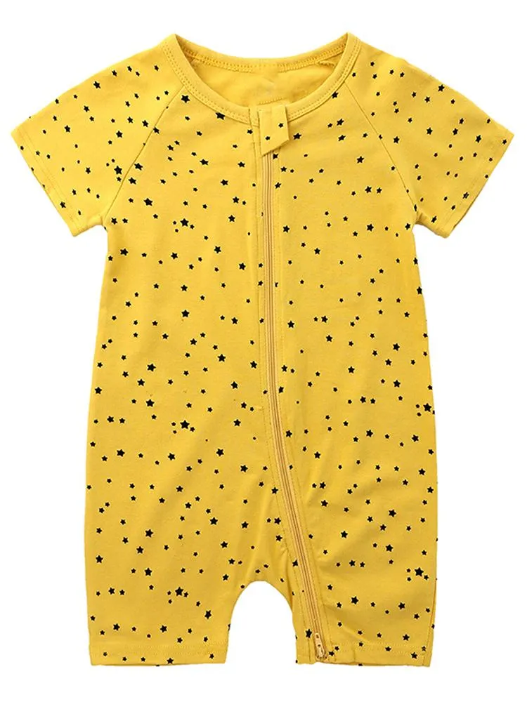 Mustard Stars Baby Zip Sleepsuit Romper - SHORT SLEEVED