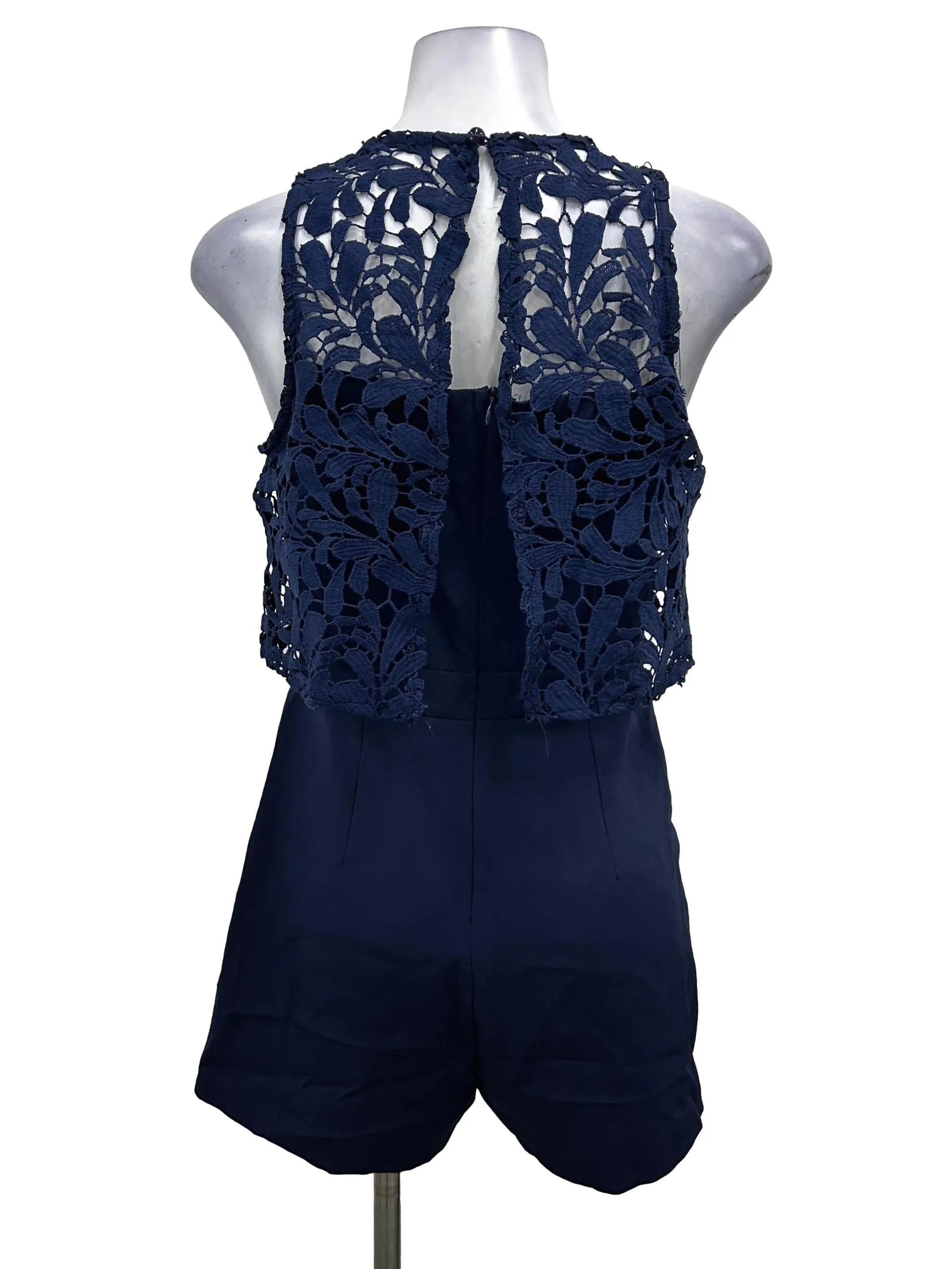 Navy Sleeveless Lace Panel Romper