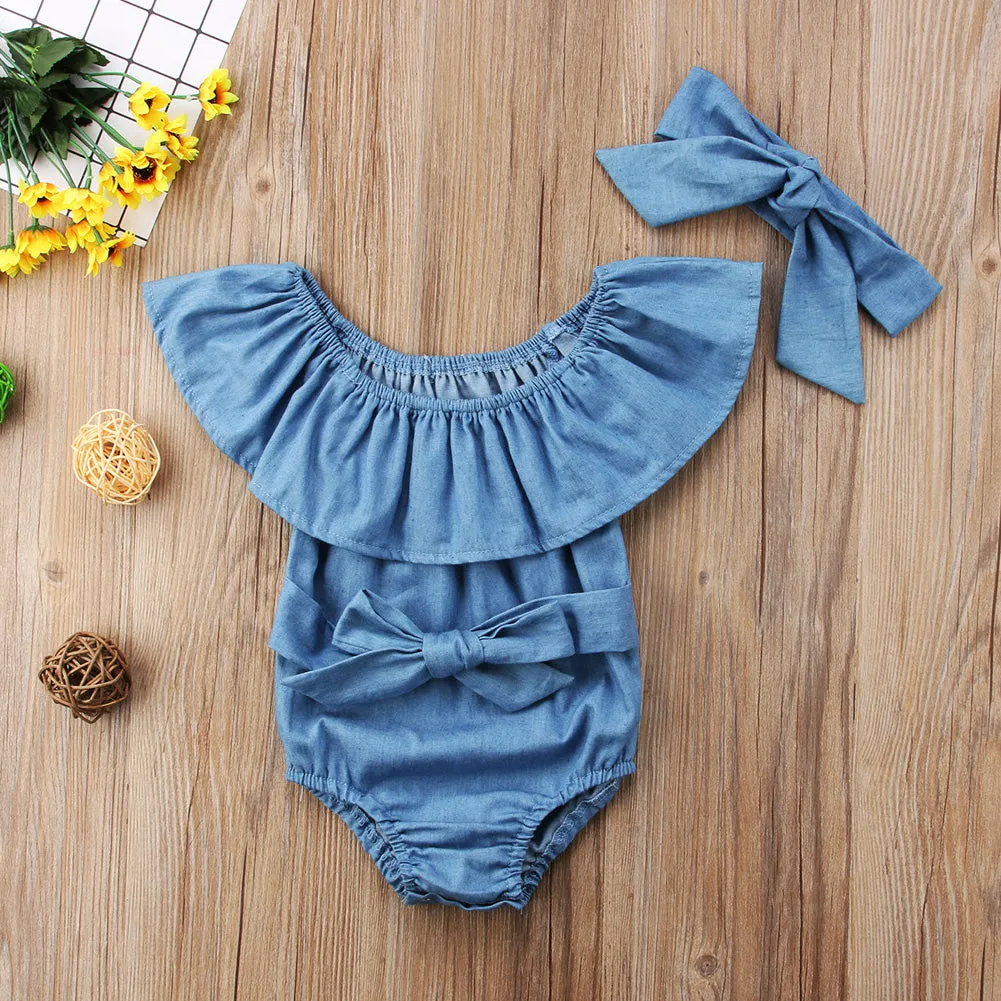 Newborn Baby Girl Ruffles Denim Romper