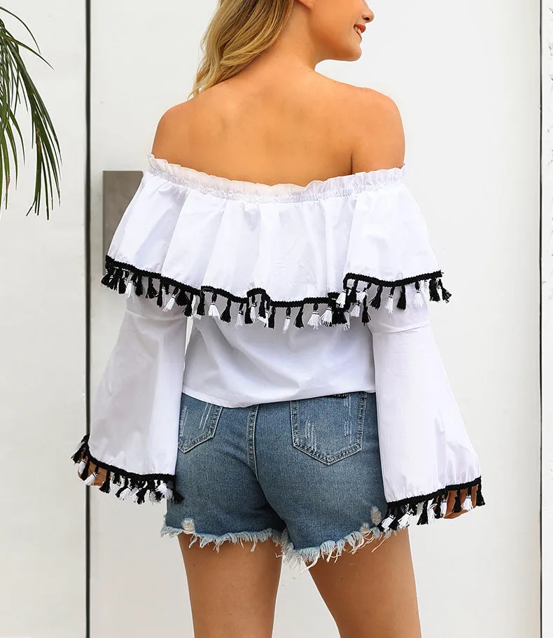 One-neck Sexy Ruffled Fringed Trumpet Long-sleeved Shirt Top
