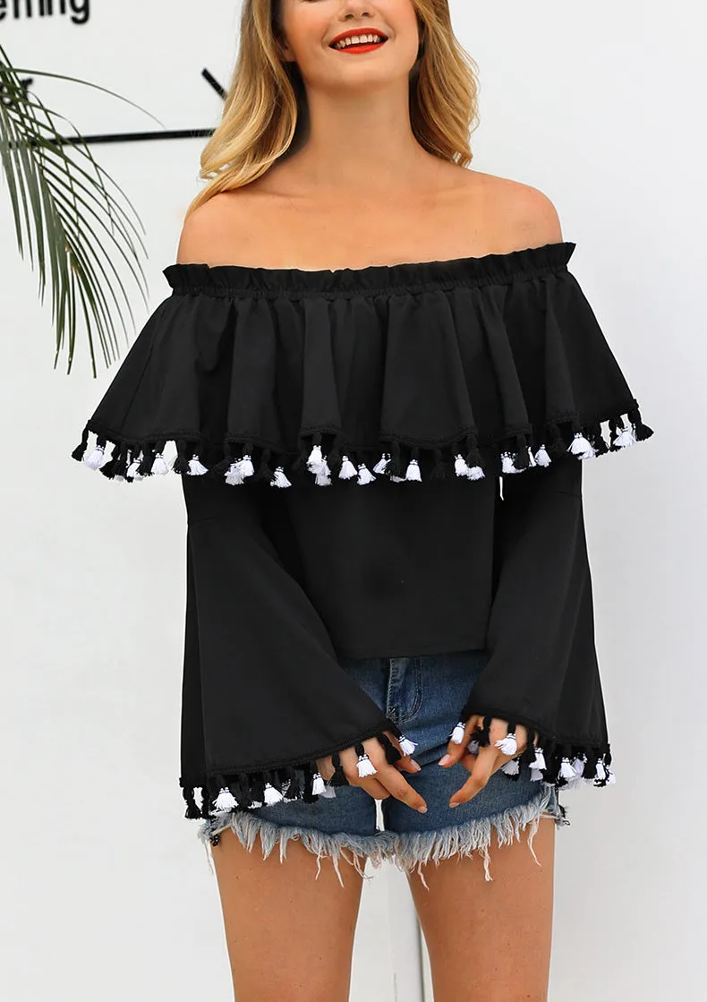 One-neck Sexy Ruffled Fringed Trumpet Long-sleeved Shirt Top