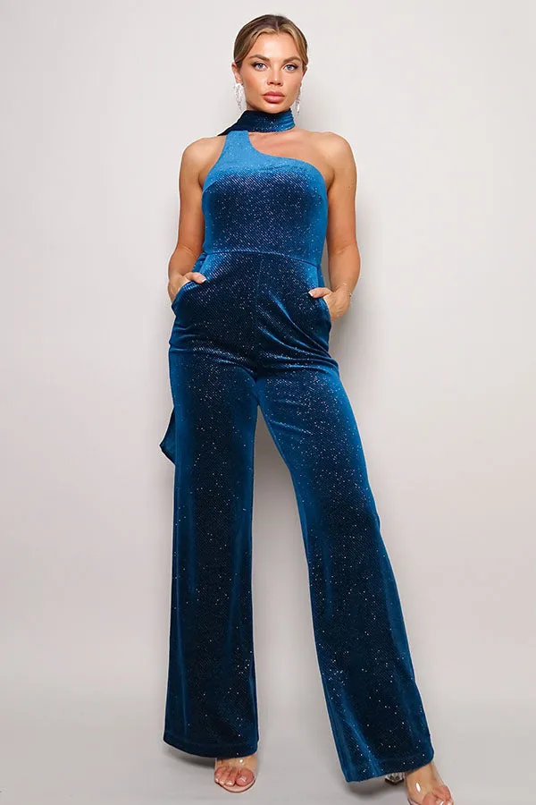 One Sleeve Scarf Neck Glitter Velvet Jumpsuit