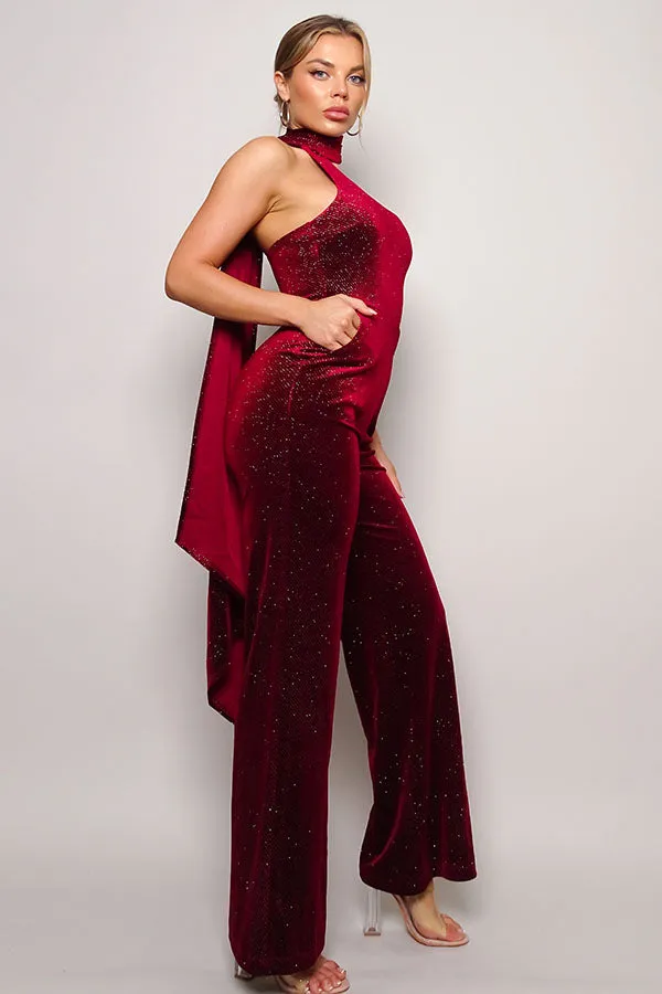 One Sleeve Scarf Neck Glitter Velvet Jumpsuit