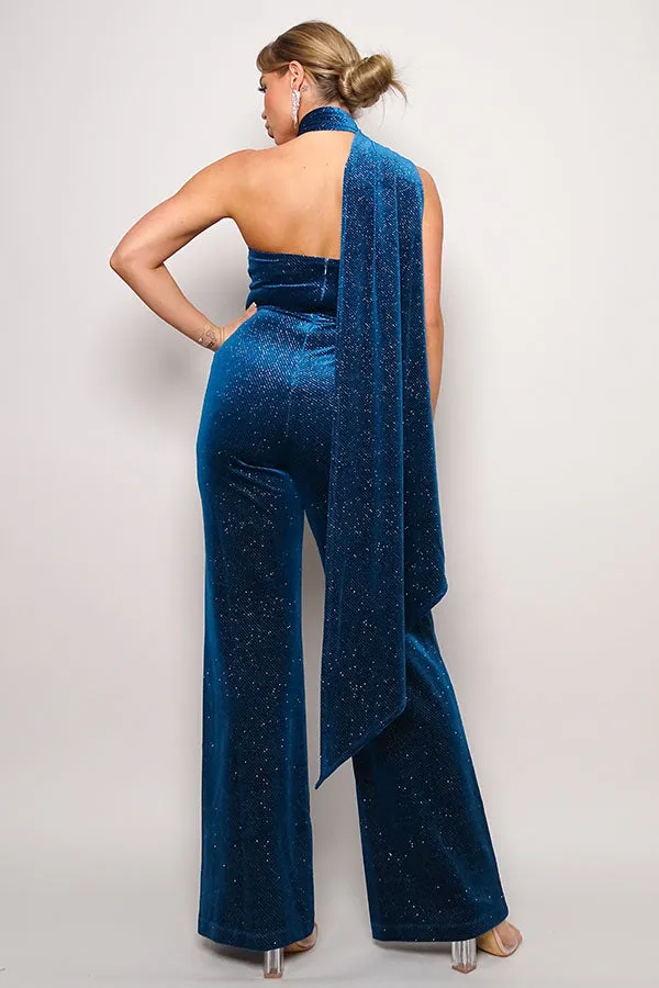 One Sleeve Scarf Neck Glitter Velvet Jumpsuit
