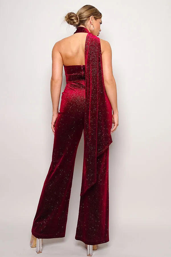 One Sleeve Scarf Neck Glitter Velvet Jumpsuit