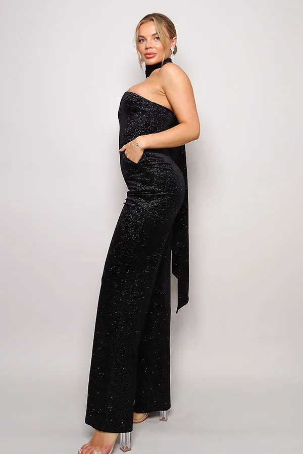One Sleeve Scarf Neck Glitter Velvet Jumpsuit