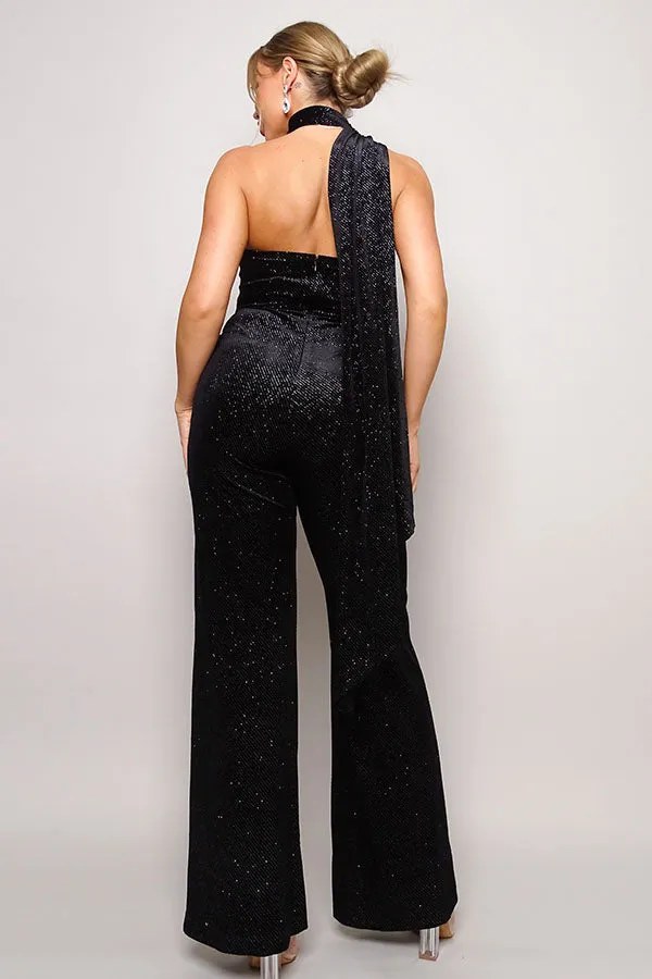 One Sleeve Scarf Neck Glitter Velvet Jumpsuit