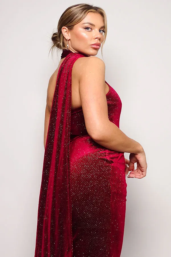 One Sleeve Scarf Neck Glitter Velvet Jumpsuit