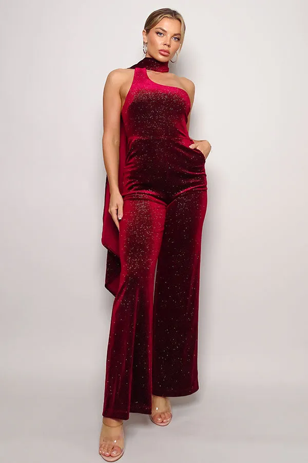 One Sleeve Scarf Neck Glitter Velvet Jumpsuit