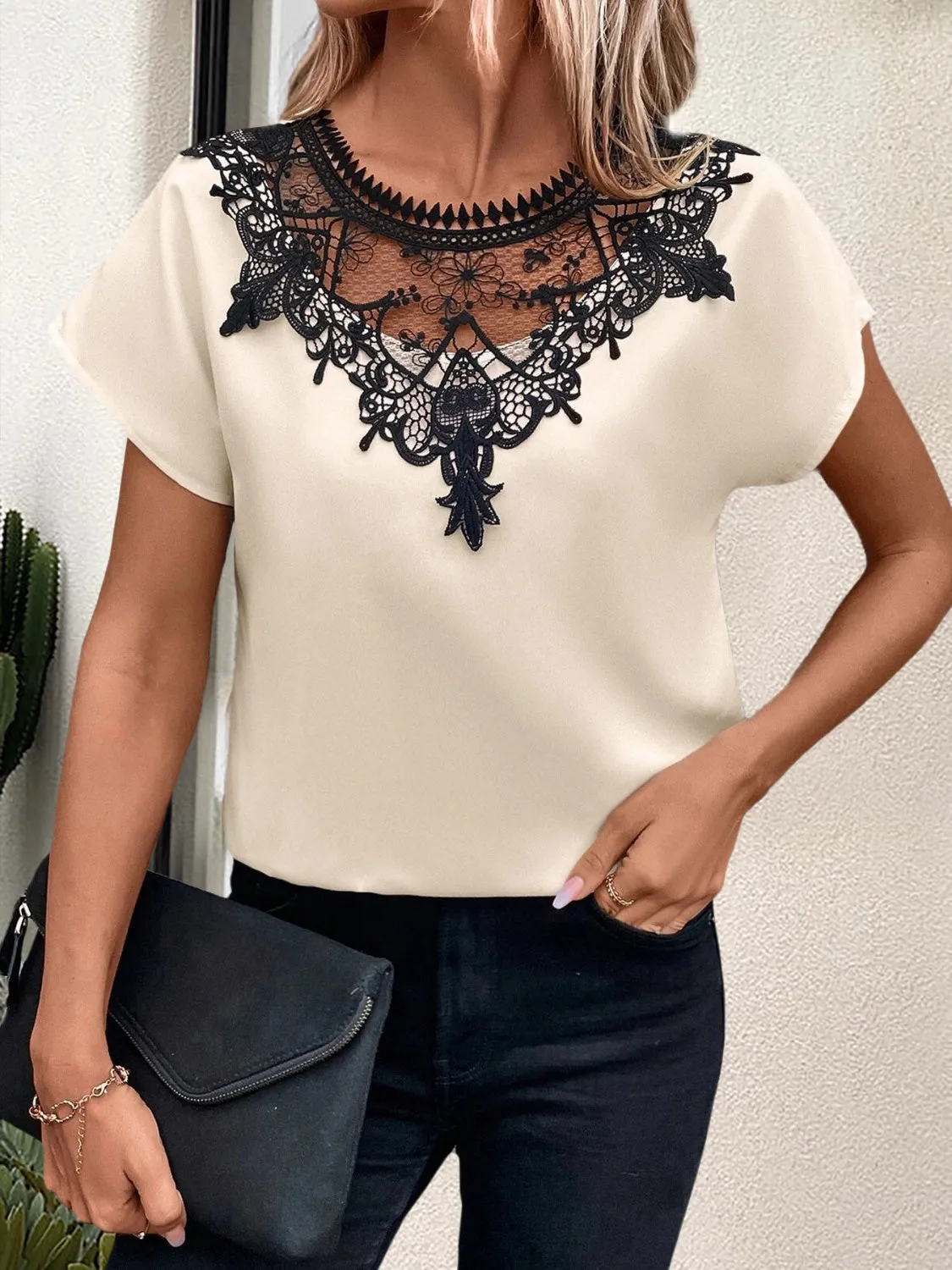 Ora Lace Detail Round Neck Short Sleeve Blouse