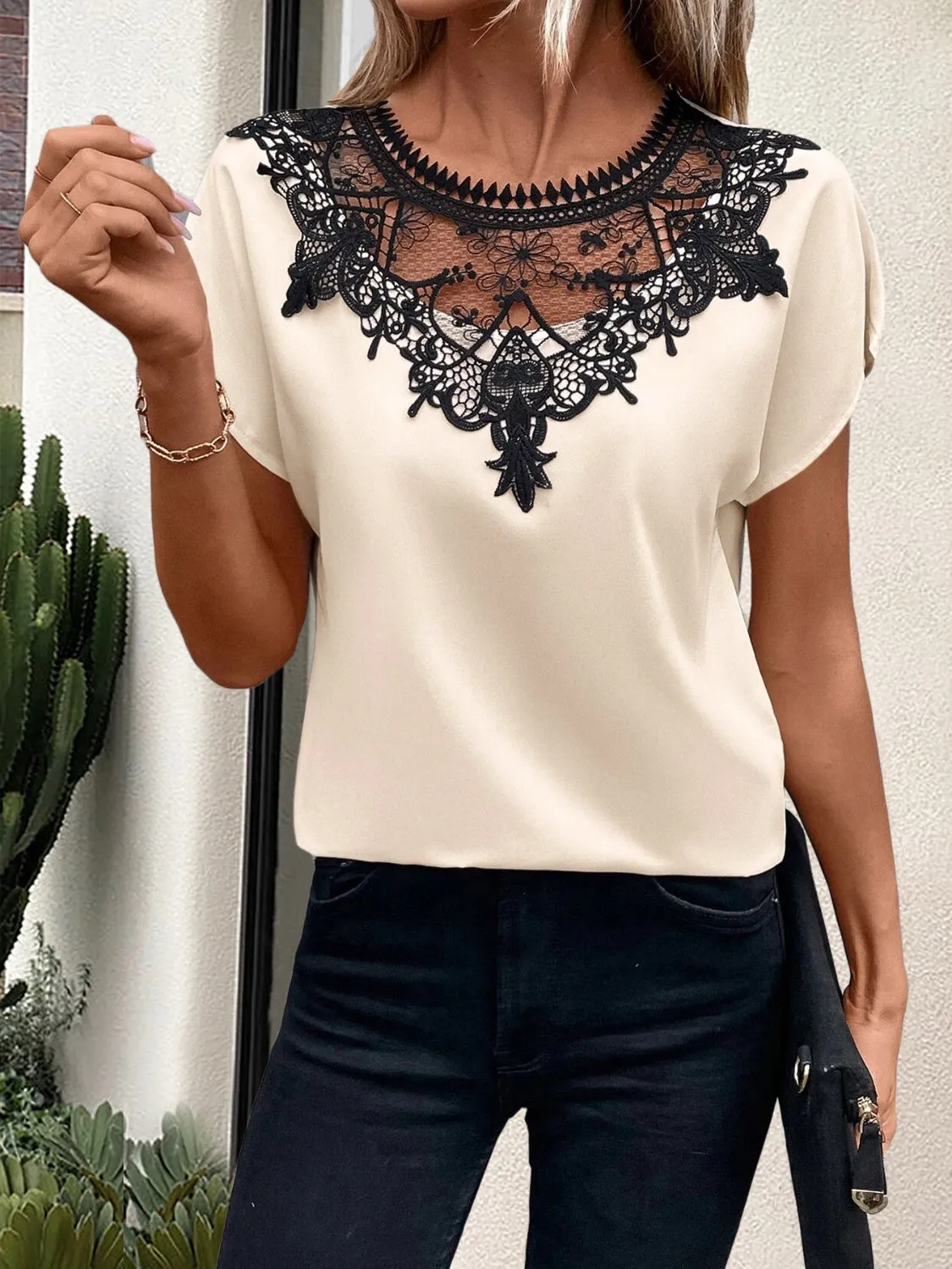 Ora Lace Detail Round Neck Short Sleeve Blouse