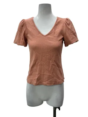 Peach Ribbed V Neck Top