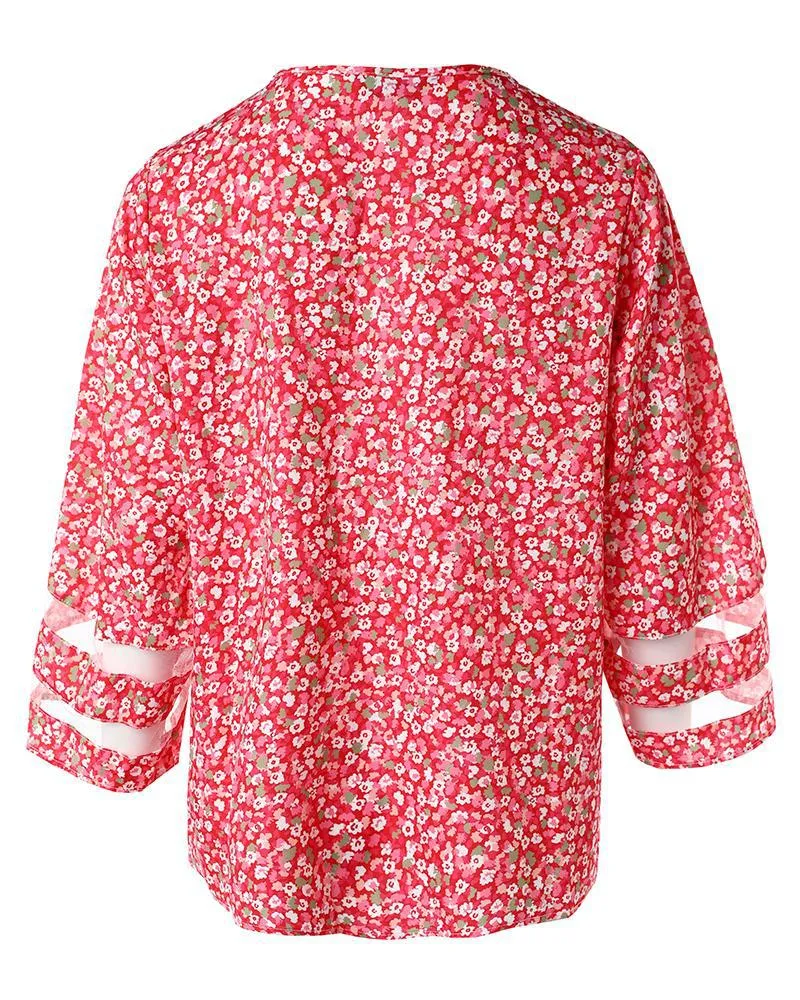 Pink Ditsy Floral Print Contrast Mesh Zip Front Top