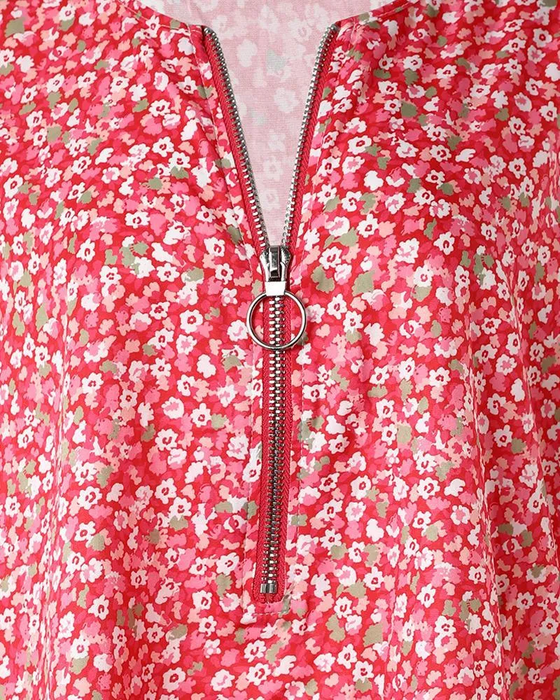Pink Ditsy Floral Print Contrast Mesh Zip Front Top