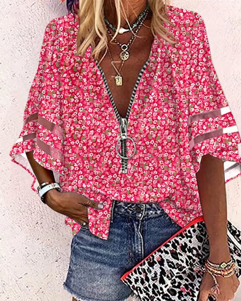 Pink Ditsy Floral Print Contrast Mesh Zip Front Top