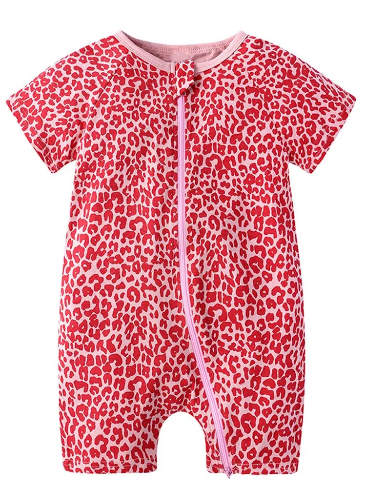Pink Leopard Baby Zip Sleepsuit Romper - SHORT SLEEVED