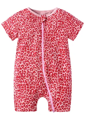 Pink Leopard Baby Zip Sleepsuit Romper - SHORT SLEEVED