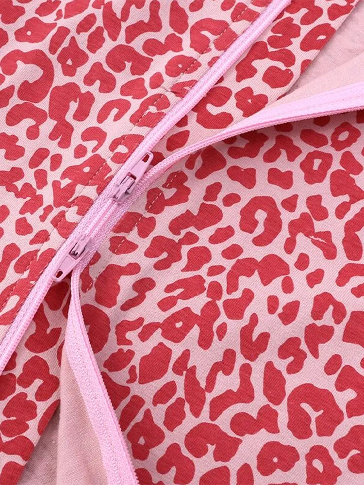 Pink Leopard Baby Zip Sleepsuit Romper - SHORT SLEEVED
