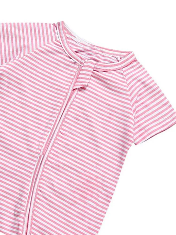Pink Stripes Baby Zip Sleepsuit Romper - SHORT SLEEVED
