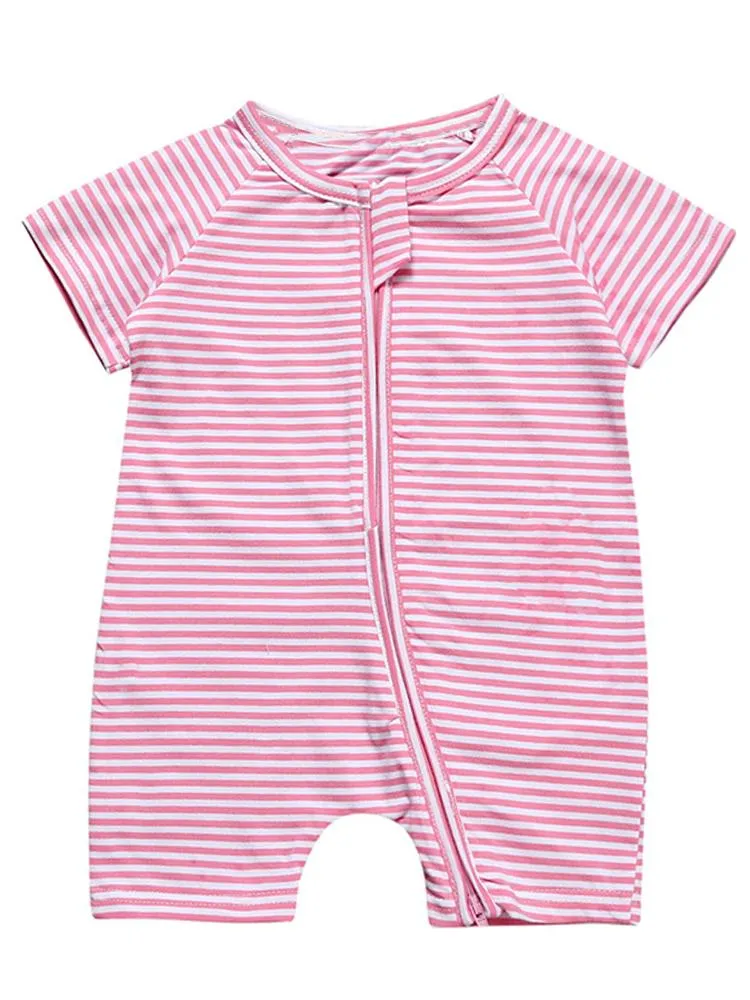 Pink Stripes Baby Zip Sleepsuit Romper - SHORT SLEEVED