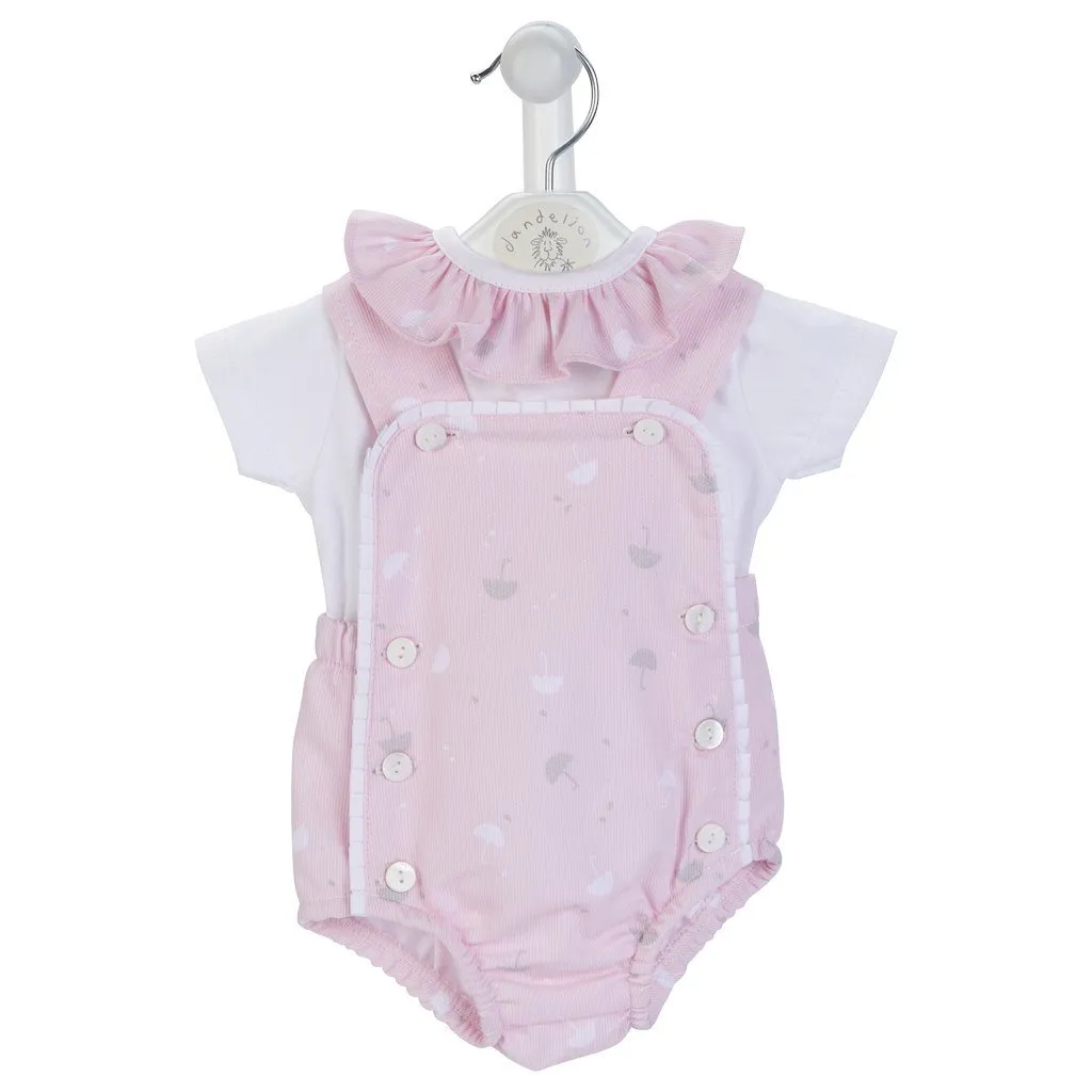 Pink Umbrella Print Dungaree Romper Set