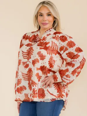 PLUS SIZE LONG SLEEVE V-NECK FLORAL PRINT BLOUSE
