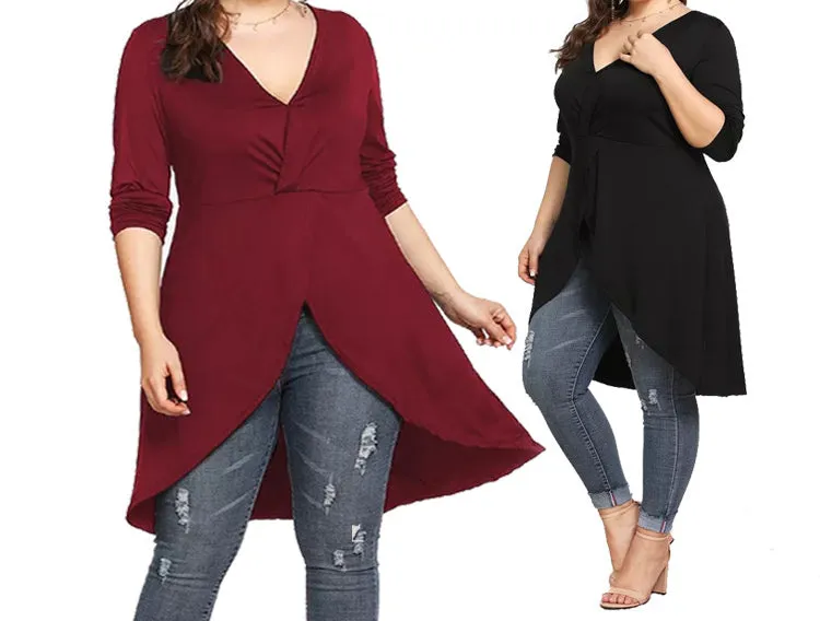 Plus Size V-neck Irregular Long-sleeved T-shirt Blouse