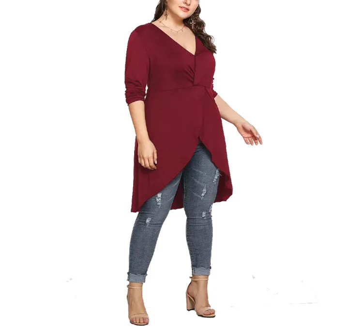 Plus Size V-neck Irregular Long-sleeved T-shirt Blouse