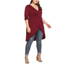 Plus Size V-neck Irregular Long-sleeved T-shirt Blouse