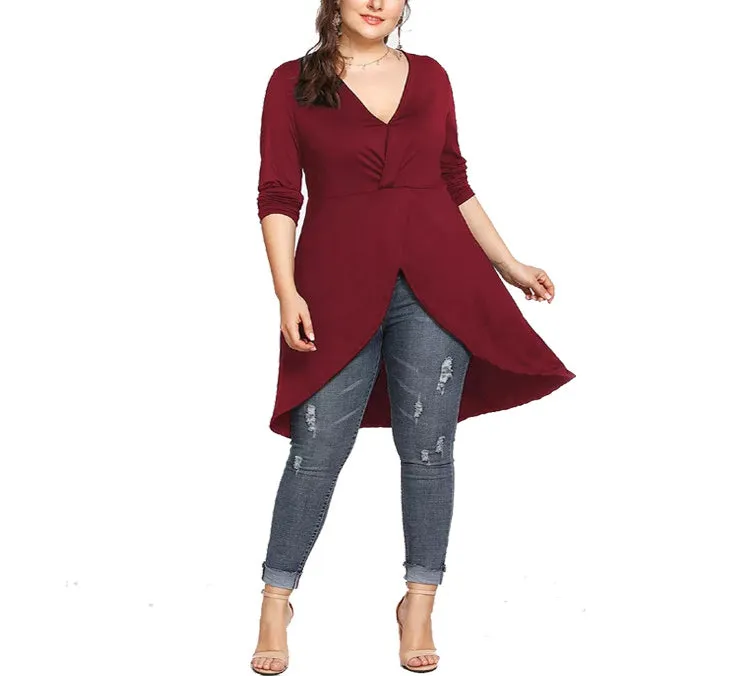 Plus Size V-neck Irregular Long-sleeved T-shirt Blouse